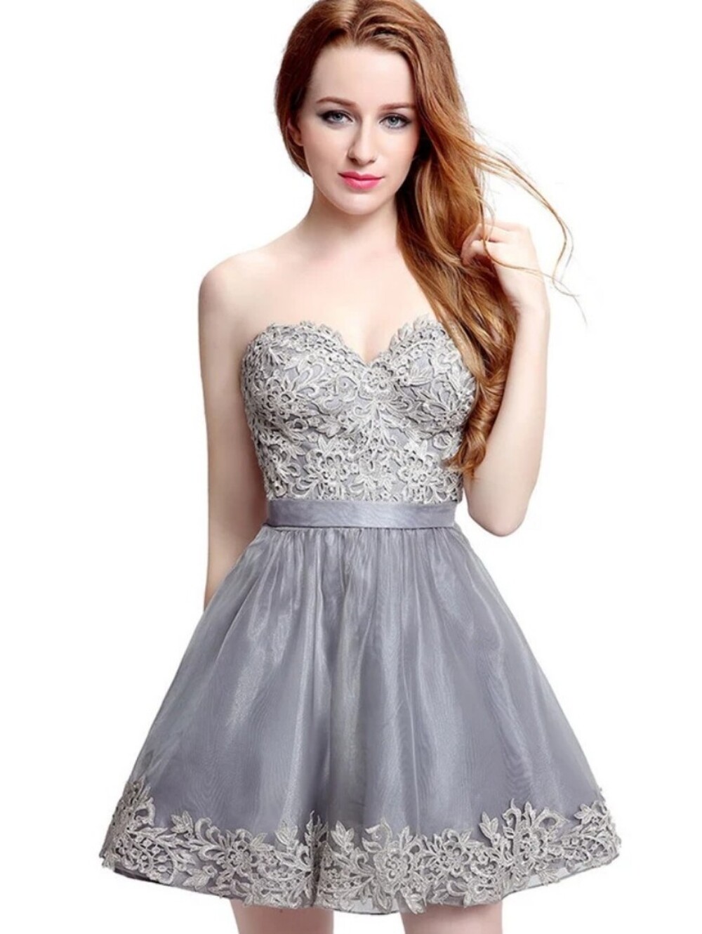 La Femme Strapless Lace Cocktail Dress Sz 12 Gray Silver Embroidered Formal Flaw